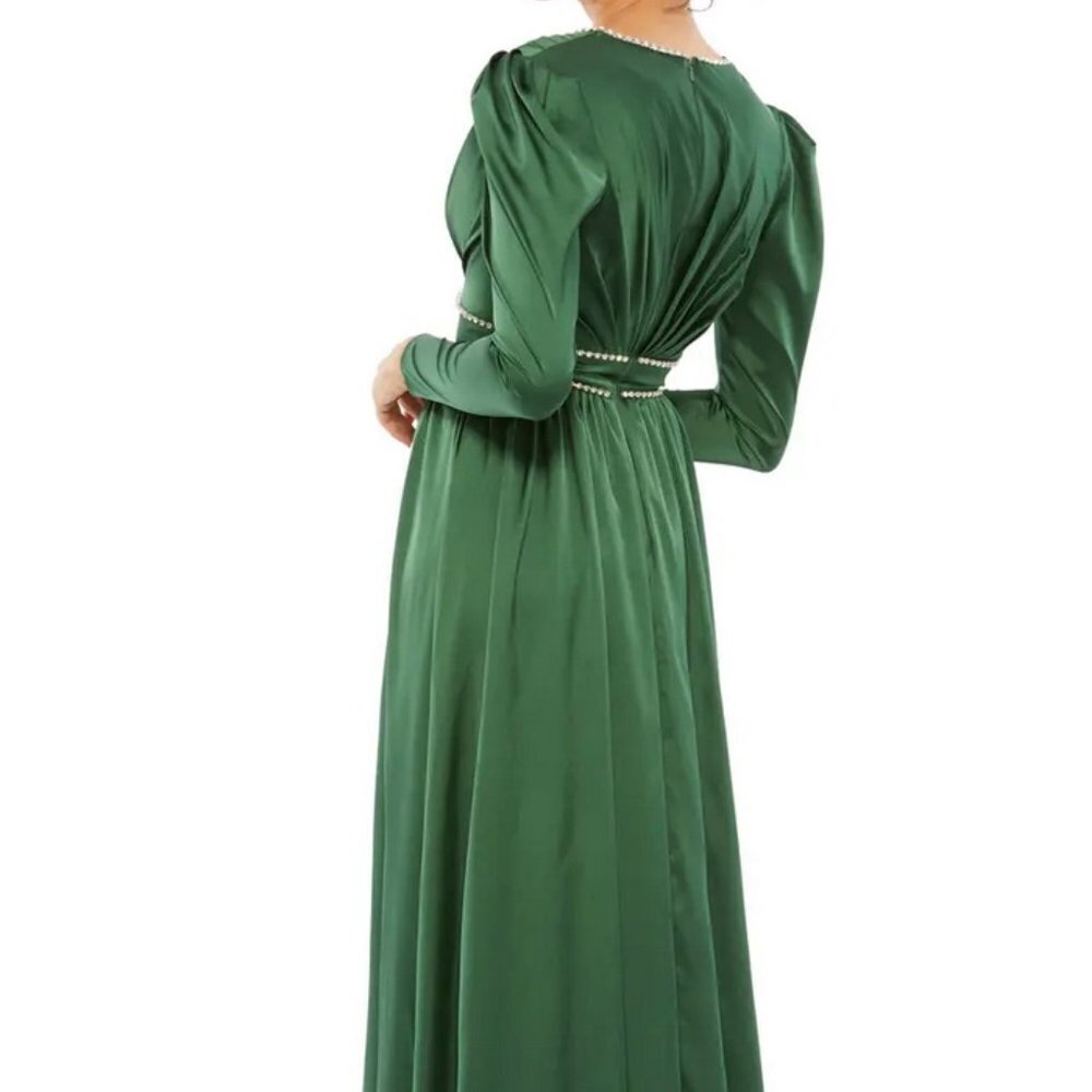Mac Duggal Emerald Green Crystal Satin Empire Waist Long Sleeve Gown - Picture 3 of 5